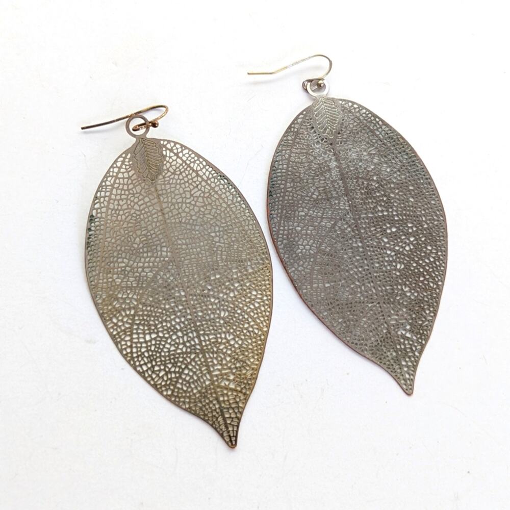 Vintage Bohemian Style Figural Leaf Dangly Hook Earthy Art to Wear Hook Earrings